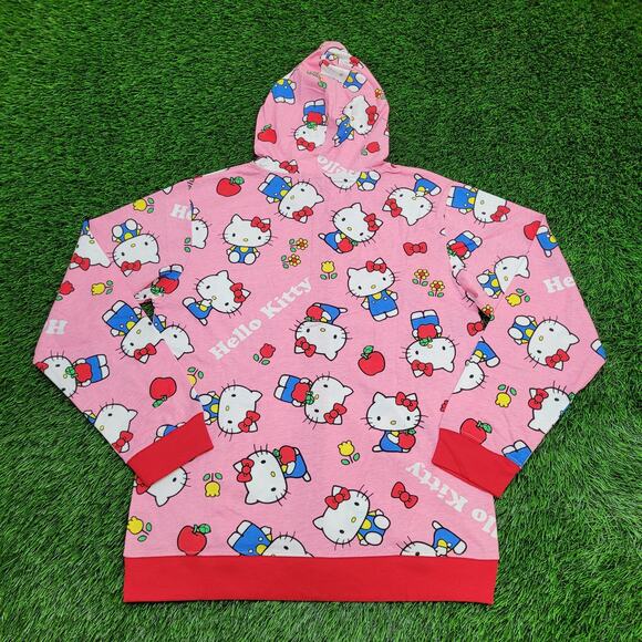 Hello-Kitty Sanrio Zip Hoodie Jacket Womens L/XL 21x27 Pink AOP Lightweight - Picture 2 of 14